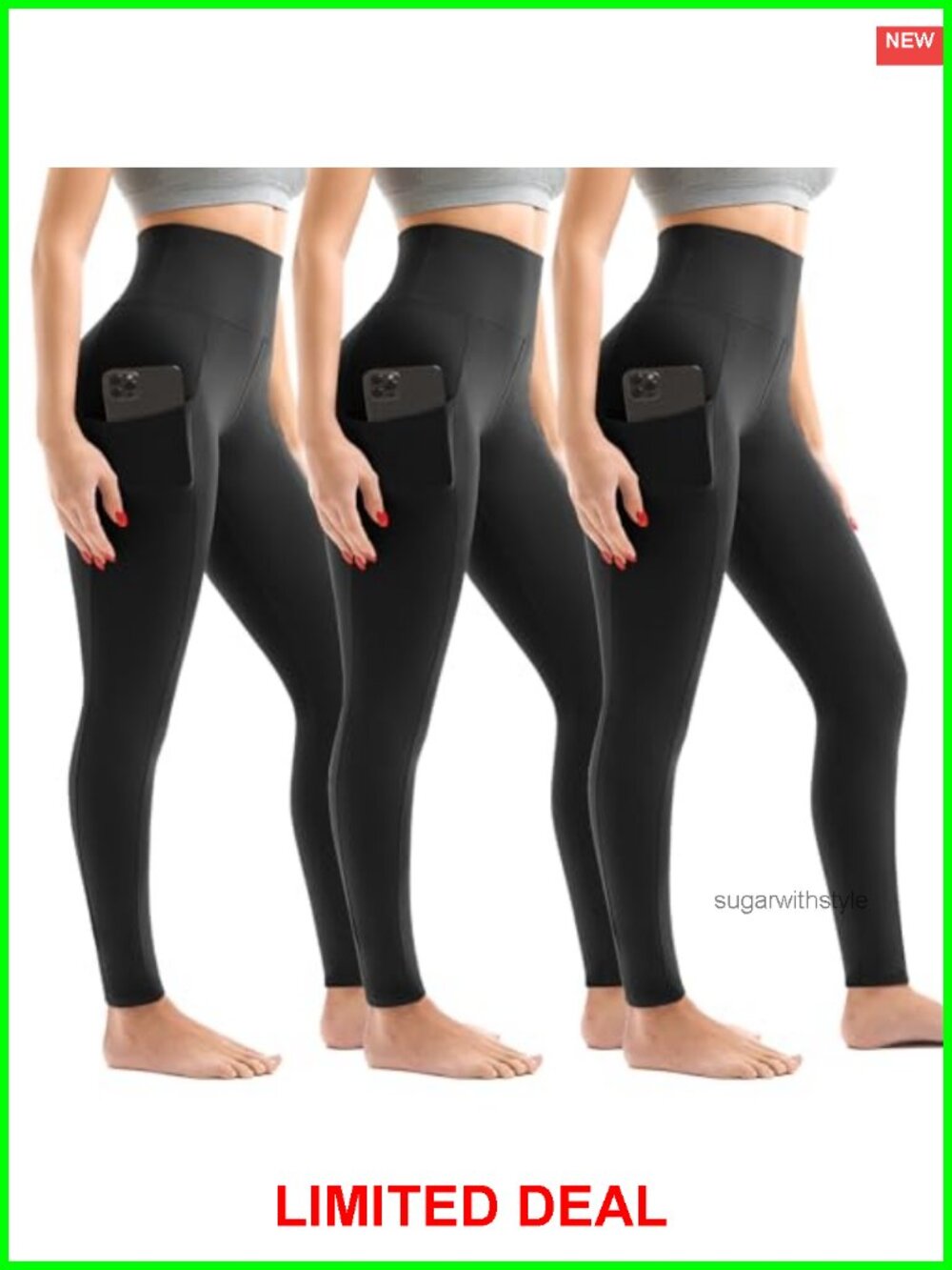 Women's High Waist Leggings with Pockets 3 Pack, Soft Stretchy Polyester Blend